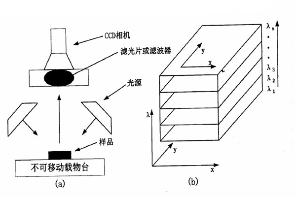 基于滤波器或滤波片的高光谱图像系统图和此系统下获得的图像数据示意图